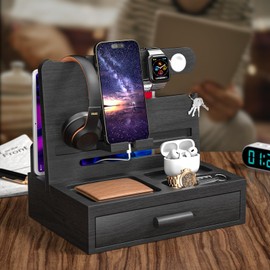 melafa365 Bamboo Nightstand Organizer for Men, Phone Docking Station with Cable Management, Drawer, Bedside Organizer for Watches, Keys, Wallets, Black