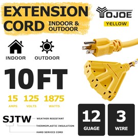YOJOE 12/3 10 ft Outdoor Extension Cord Multiple Outlets 3 Prong - SJTW 3 Outlet 12 Gauge Extension Cord Waterproof, Power Extension for Outdoor Decorations, Camping, Appliances, UL Listed, Yellow
