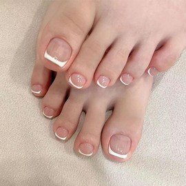 Press on Toenails for Women White French Tips Short Toe Nail Press ons Square Glossy Fake Toe Nails Beach Acrylic False Artificial Glue on Toenails Summer Stick on Toe Nails 24 Pcs