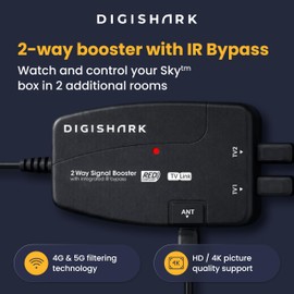 DigiShark 2 Way TV Aerial Signal Booster&Splitter Amplifier, Improves Picture Quality&Channel Reception, IR Bypass Compatible, Built-In 4G/5G LTE Filter, Freeview HD UHF Ch 21-60, 4K, FM&DAB