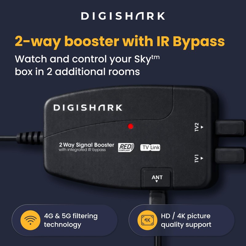 DigiShark 2 Way TV Aerial Signal Booster&Splitter Amplifier, Improves Picture