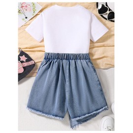 Verdusa Girl's 2 Piece Summer Outfit Bow Print Short Sleeve Tees Asymmetrical Jean Shorts Set White 10Y