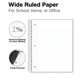 Dunwell 1 Subject Notebooks, (3-Pack, Red Blue Black) Wide Ruled Spiral Notebooks, 8x10.5 Pages, Plastic Cover Notebooks, 100 Sheets, Wide Rule Perforated Pages, 3 Single Subject Notebooks