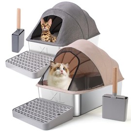 2 Pack Large(24 * 16 * 17" H) Stainless Steel Cat Litter Box with Lid, Extra Large Metal Litter Box for Big Cats, Litter Box Includes Litter Scoop Scoop Holder Footpad Easy Cleaning Non-Sticky