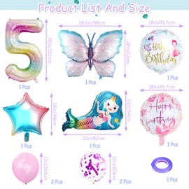 5 birthday decorations for children, butterfly balloons, mermaid balloons, star foil balloons, girls birthday decorations, colorful children's birthday party set