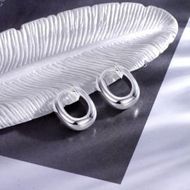 925 Sterling Silver Small Hoop Earrings for Women, Silver Chunky Wide Thick Hoop Earrings, Hypoallergenic Lightweight Square Cartilage Huggie Hoop Earrings Small Silver Chunky Earrings for Women Girls