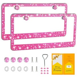 FIISFIIS Bling License Plate Frame for Women,2 Pack Premium Stainless Steel Rhinestone Car License Plate Holder,Handmade Glitter Crystal Diamond Lincense Plate Cover,Bedazzled Sparkly Caps-Pink