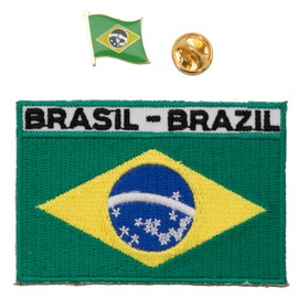 A-ONE - Paquete de 2 parches de bandera patriótica para Brasil + Pin de solapa de bandera brasileña, Bandera Brasileña, etiqueta engomada de la tela del brazalete