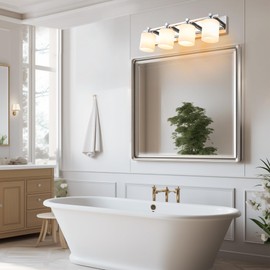 BrkNit 4 Light Modern Bathroom Light Fixtures Over Mirror, Chrome Vanity Lights for Bathroom Wall Sconces with Milky White Glass Shades, E26 Socket (Bulbs Not Included)