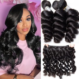 Huarisi 10 12 14 Inch Loose Wave Bundles Wefts Real Hair Brazilian Hair Extensions 10A Loose Wave 3 Bundles 100% Human Hair Weaves Extensions for Black Women Double Weft Natural Colour
