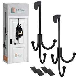 LEVAF 2-Pack Over The Door Hook - with 3 Hang Heads & Snug Fit Pads- 2Pcs Heavy Duty Hooks for Hanging Coats, Towels, Caps & Robes - Elegant Matt Finish - No Drill Hanger Organizer - Black