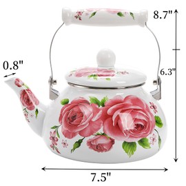 Hiceeden 2.6 Quart Enamel Tea Pot for Stovetop, Pink Vintage Tea Kettle with Floral Pattern, 2.5 L Delicate Cute Steel Water Kettle Pot with Porcelain Handle