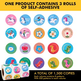 3 Roll Reward Stickers, 1500 Pcs Motivational Stickers for Kids, School Supplies Roll Sticker for School Classroom, 24 Designs (Each Measure 1” in Diameter), Include Dinosaur/Unicorn/Flower Patterns