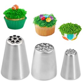 ExceLife 3 Pcs Grass Icing Nozzles Set, Stainless Steel Russian Grass Cream Tips Cake Decorating Piping Nozzles for Fury Cake Fondant Buttercream Decoration