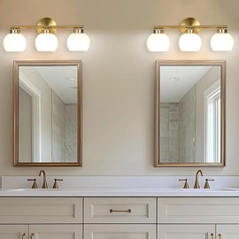 3 Light Bathroom Vanity Light, 20" Brushed Gold Bathroom Light Fixtures Over Mirror with Milky White Glass Globe Shade, Mid Century Modern Brass Wall Sconces, E26 Socket