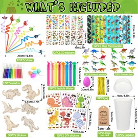 WLBBLQDIE Dinosaur Party Favors, 145 Pcs Dinosaur Birthday Party Supplies, Include Gift Cups, Dinosaur Graffiti Wooden Board, Straw, Dinosaur Egg etc for Kids, Dinosaur Themed Party Toys, Goodie Bags