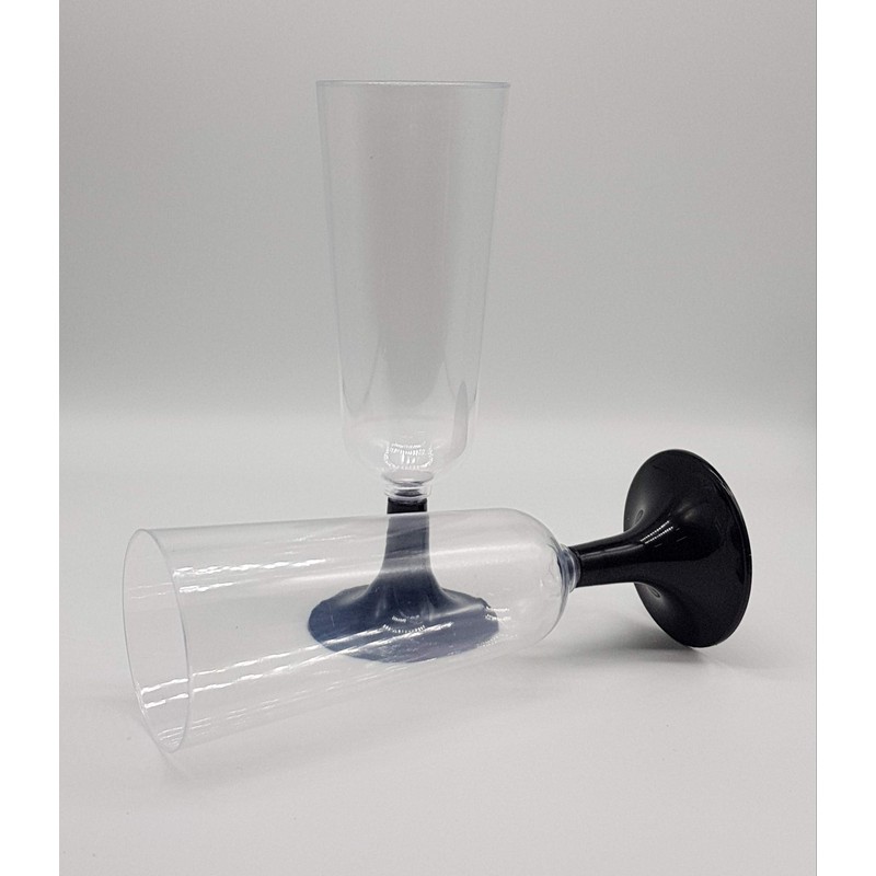 30 x Plastic Champagne Glasses Flutes Black Stems - Perfect