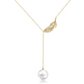 Myrvynte Gold Pearl Necklace, 14K Gold Y Shaped Pearl Necklace Lariat pearl Necklace for Mom Wife Valentine's Day Birthday Wedding