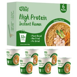 VOLO VERO Instant Ramen Cup High Protein (32g) Noodles Chicken Flavor Soup, Plant-Based, Vegan, Low Carb, Low Fat, Non-Fried, 6 Pack Healthy Asian Meal, Egg-Free, Dairy-Free