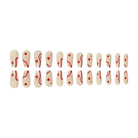 Press on Nails Medium Love Heart Wave False Nails with Design Valentine's Fake Nails Ballet Shaped Acrylic Nails Full Cover Glossy Artificial Coffin Nails, Glue on Nails for Women 24 Pcs