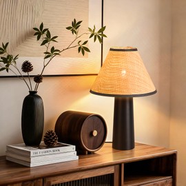 Matte Black Rattan Table Lamp for Bedroom, Modern Wicker Lamps for Bedside Nightstand, Small Table Rattan Shape Lamps for Small Spaces for Kitchen Counter, Home Office, Living Room, Kids Dorm