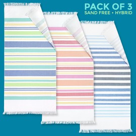 Beachland Fringe Beach Towel 30 x 60 inch Sand Free Flat Woven in Front and Absorbent Terry on Reverse Cotton Turkish Style (Assorted, Pack of 3)