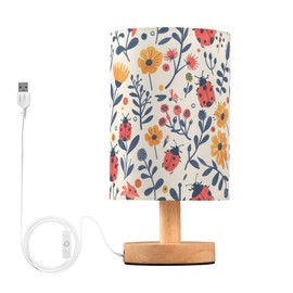 ALAZA Ladybugs Flowers Retro Lamp Bedside Lamp Kids Table Lamp for Bedrooms Girls Boys Desk Lamp with USB Port LED Nightstand Lamp Wood Base Living Room Decor
