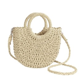 JOLLQUE Straw Beach Bag for Women, Summer Handwoven Tote Bags Purse with Tassel, Top Handle Straw Handbag Clutch, beige