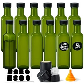 WERTIOO Hot Sauce Bottles 8.5oz – 12-Pack Light-Blocking Bottles with Caps – Preserve Color and Freshness of Oils Vinegars Sauces – for Kitchen Storage Gifts and Small-Batch Use, Green