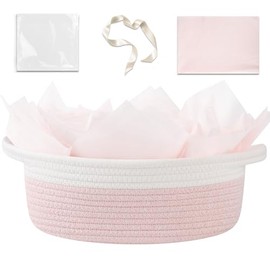 OIAHOMY Cesta de regalo vacía con asa, cesta tejida pequeña de 12 x 8 x 5 pulgadas con bolsa de regalo, cinta y papel de seda, almacenamiento de juguetes para perros para organizar, rosa y blanco