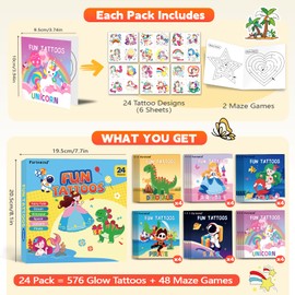 PARTYWIND 24 Pack Party Favors for Kids, 576 Pcs Glow Tattoo & 48 Mazes Games for Party Supplies, 6 Theme Designs for Boys Girls, Birthday Goodie Bags Stuffers, Carnival Classroom Prizes for Kids