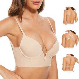Zetopump Backless Transparent Invisible V Neck Bra Multiple Convertible Bras Seamless Light Padding, nude, 75F