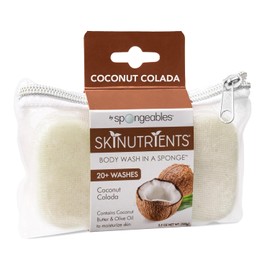 Spongeables Skinutrients gel de baño en esponja, colada de coco, con bolsa de viaje adicional, más de 20 lavados, esponja de 3.5 oz