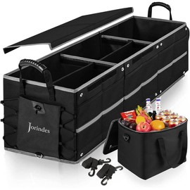 Collapsible Trunk Organizer for Car with Insulated Leak proof Cooler Bag, 3 Compartments SUV Cargo Organizer Removable Dividers, 5 in1 Car Storage Organizer with Foldable Lid,2 Tie-Down Straps(Black)