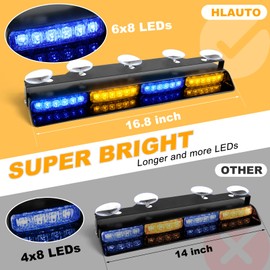 HLauto 6Z4J Emergency Dash Strobe Lights: 2x16.8 inch Blue Amber Safety Lights, 48 LED Flashing Warning Hazard Interior Windshield Visor Traffic Light Bar for Trucks, Construction Vehicles
