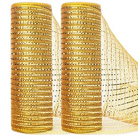 Ribbli 2 Rolls Gold Mesh Ribbon,10 inch x 30 feet(10Yard) Each Roll,Metallic Gold with Wide Gold Foil,Christmas Ribbon for Wreath Swags and Decorating