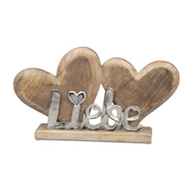 formano Dekoobjekt Liebe mit 2 Herzen – 35 cm – Silber – Aluminium und Mango-Holz Schriftzug Edle Herz-Skulptur
