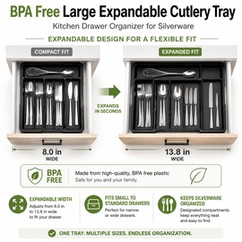 Expandable Silverware Organizer for Kitchen Drawers – 7-Compartment BPA-Free Cutlery Tray with Adjustable Width