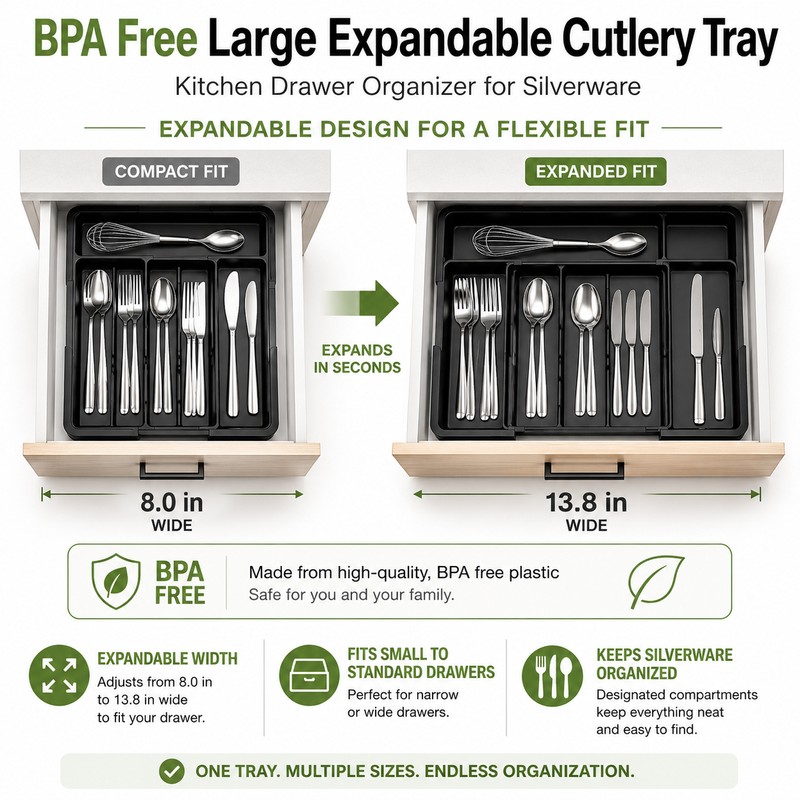 Expandable Silverware Organizer for Kitchen Drawers – 7-Compartment BPA-Free Cutlery