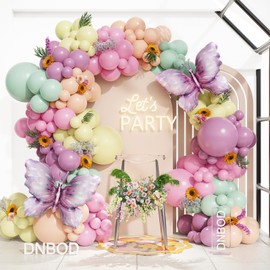 DNBOD 144Pcs Pastel Pink Purple Butterfly Balloon Arch Garland Kit,with Big Butterfly Foil Balloons,for Spring Floral Fairy Butterfly Baby Shower Girl Princess Birthday Tea Party Decorations