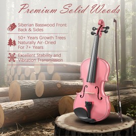 1/8 Beginner Violin Kit, Complete Violin Set with Case, Bow, Rosin, Pink