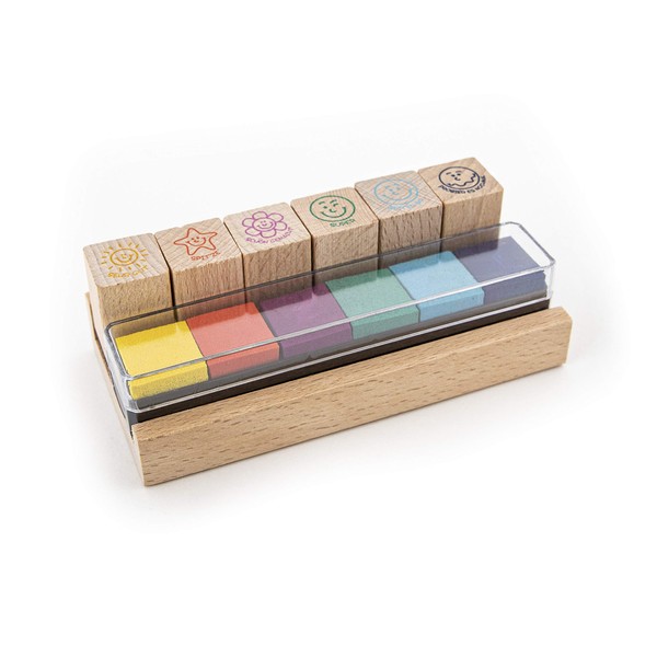 Trendhaus- Lehrer Stempel Set ⎜6 Belohnungsstempel mit bunten Stempelkissen ⎜Holzstempel für Kinder und Schule, Multicolore, 928009