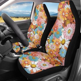 Brosoneto Groovy Hippie Flower Daisy Car Seat Covers Full Set of 2, Cloth Seat for Auto Front Seats, Black Seat Covers Cars Washable Breathable Car Accessories for Sedan Truck SUV