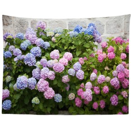CORFOTO 81x59 Inch Fabric Colorful Hydrangea Flowers Tapestry Floral Garden Green Leaves Stone Wall Wall Hanging Spring Flower Tapestry for Bedroom Aesthetic Living Room College Dorm Decor