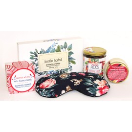 Bamboo Words - Kit Serenidad: Té, tisana de frutos rojos (120 g) + Vela de masaje relajante (100 g) + Antifaz de semillas y mezclas herbales