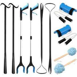 Bokon 10 Pcs Hip Knee Replacement Kit with Leg Lifter, 32" Foldable Rotating Reacher Grabber, Total Hip Replacement Kit for Knee or Back Surgery Recovery, Shoe Horn Dressing Stick Bath Sponge