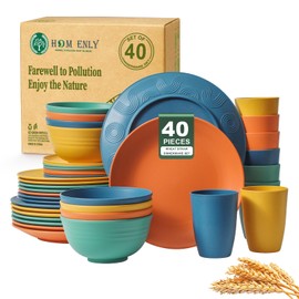 Homienly 40-Piece Premium Wheat Straw Dinnerware Sets, Service for 8, Unbreakable Plates and Bowls Sets - Cups Sets, Dinner Plates, Bowls for Kitchen,Dishwasher and Microwave Safe Dishes Set - Multi