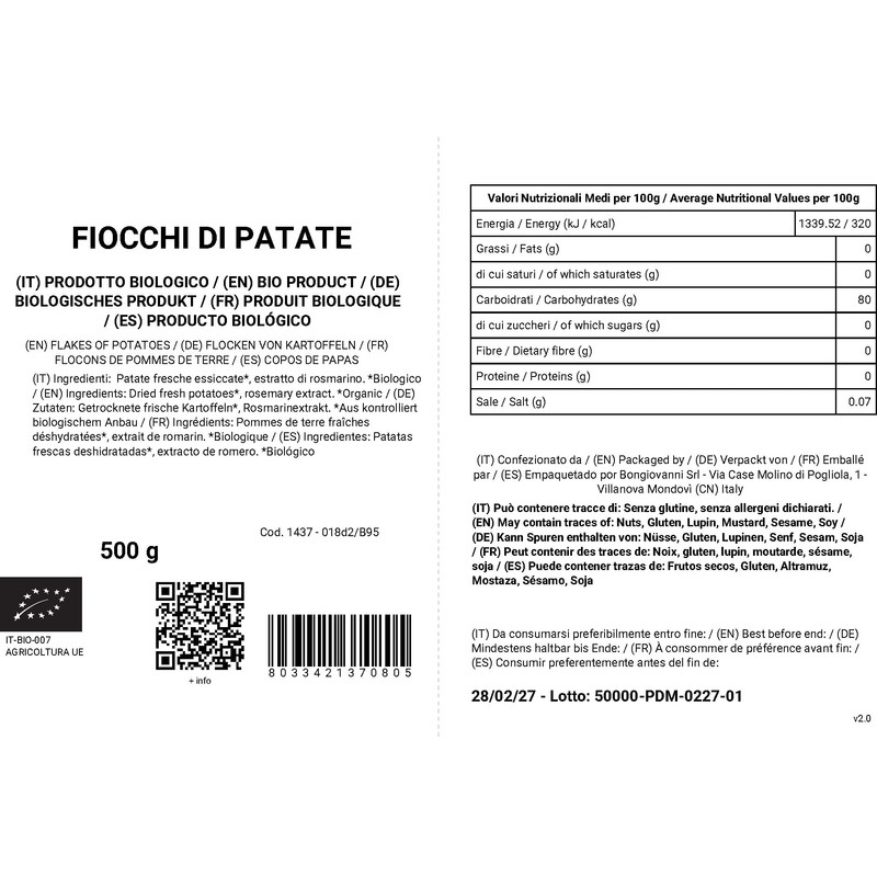 Bongiovanni Farine e Bonta' Naturali Fiocchi di Patate, BIO -