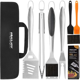 grilljoy 8PCS BBQ Grill Tools Set with Extra Thick Stainless Steel Spatula, Fork, Tongs & Cleaning Brush - Complete Barbecue Accessories Kit with Portable Bag - Perfect Grill Gifts for Men Black