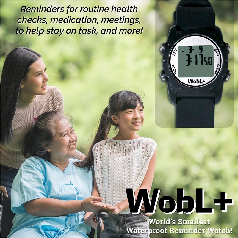 WobL+ Waterproof Vibrating Watch (BLACK), Potty Reminder, Pill Reminder